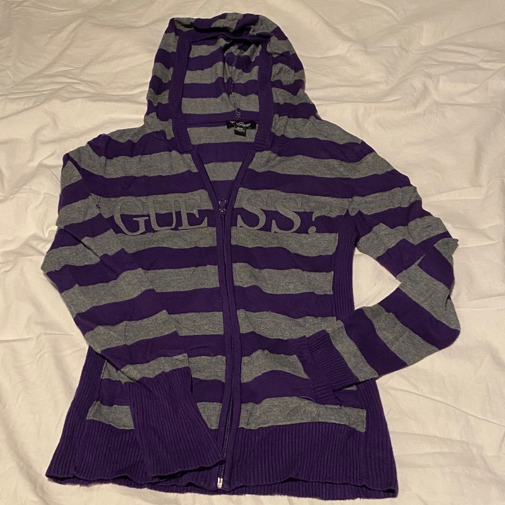 GUESS Purple and Gray Striped Hoodie Sweater